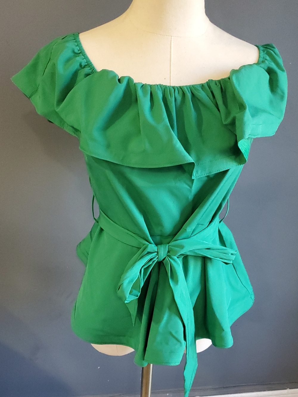 Haute Monde Emerald Green Off-Shoulder Ruffle Tie-Waist Blouse